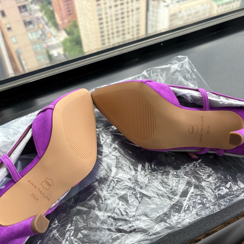 ANN TAYLOR Strappy Asymmetrical Suede Pumps‎ Heels In Neon Fuchsia Size US 6.5 - Picture 8 of 9